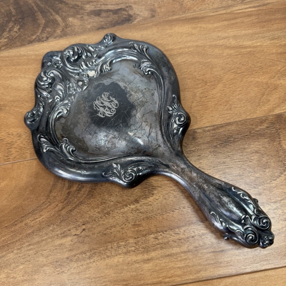 Antique Silver Plate Vanity Hand Mirror Ornate Art Nouveau Monogram Victorian